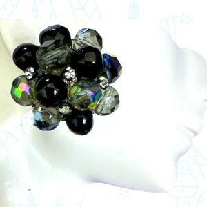 Large Vintage AB black crystal rhinestone cluster clip earrings by Vogue